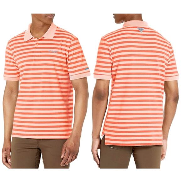 Columbia Men's PFG Orange Striped Super Bonefish Pique Polo Shirt Size L/G NWT - Picture 1 of 11
